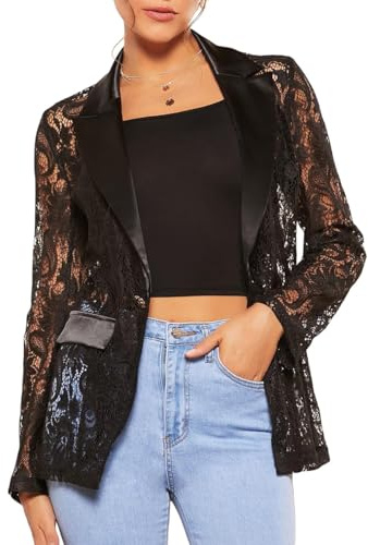 SYHVGI Women's Fashion Floral Lace Blazer Open Front Single Button Lapel Long Sleeve Sheer Mesh Jacket Blazer
