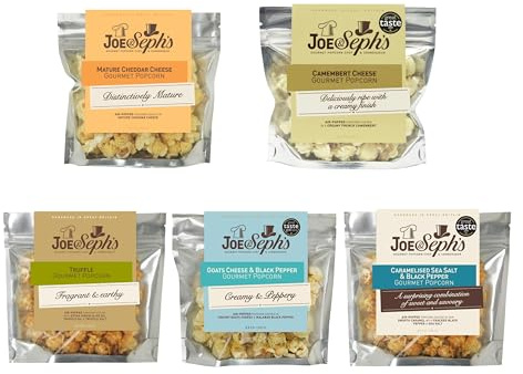 Joe & Seph's Drinks Pairing Collection (5x30g) | Goats Cheese & Black Pepper, Mature Cheddar Cheese, Camembert Cheese, Caramelised Sea Salt & Black Pepper, Truffle, gourmet salted popcorn
