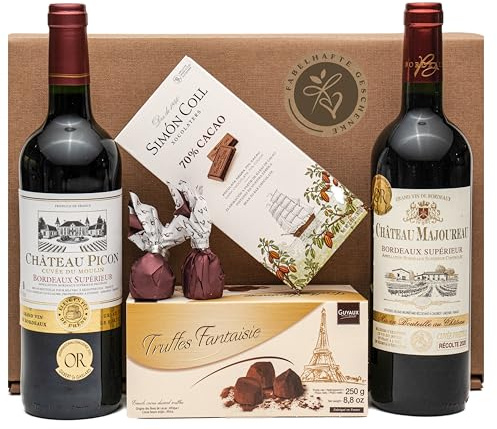 Geschenkset französische Genüsse | mit französischem Rotwein (Bordeaux) trocken | Schokoladen-Trüffel | Zartbitterschokolade | Feigen in Schokolade | Geschenk für Männer & Frauen Frankreich Liebhaber