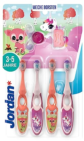 Jordan ® | Step 2 Toothbrush Kids | Kids Toothbrush for Age 3-5 Years Old | Soft Bristles, Dual Ergonomic Handle & BPA Free | Pink & Yellow Color | Pack 4 Units