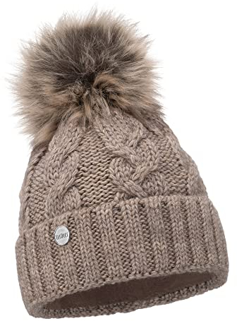 ELIMELI® Winter Mütze Damenmütze mit Fell-Bommel Fleece Innenfutter gefüttert - warme Damen Bommelmütze Strickmütze - Wintermütze mit Kunstfell Bommel - Slouch Strick Beanie Made in EU (Cappucino)