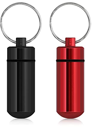 kwmobile 2x Boîte à pilules - 2x Mini boite à comprimés avec anneau porte-clés - Pilulier portable médicament bureau voyage - noir-rouge
