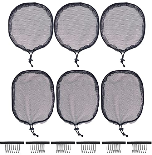 6 Stück Schwarz Weben Net Cap Elastische Zugschnur Pferdeschwanz Haar Netz für die Herstellung Afro Puff Haar Bun Haar Perücke (3 Pcs Runde 3 Pcs Quadrat)