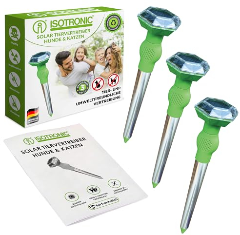 ISOTRONIC Ultraschall Solar Tiervertreiber, Katzenschreck, Hundeschreck bis zu 5m Reichweite, Bewegungsmelder, Wetterfest IP44, NI-MH Akku, Frequenz 25kHz (Grün) (3)
