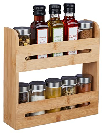 Relaxdays Portaspezie in bambù, Organizer per Spezie con 2 Ripiani, HLP: 25 x 25 x 7 cm, Espositore Spice Rack, Naturale, Fibra di Legno