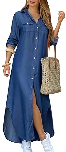 YMING Womens Long Sleeve Shirt Dress Casual Button Down Maxi Dresses with Pocket Denim 2XL