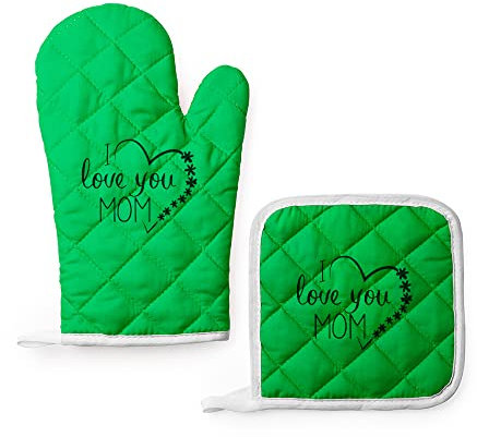 Set da Cucina Guanto da Forno e Presina Colorati Festa della Mamma Dei Nonni Personalizzato Idea Regalo Speciale Compleanno Natale per la Mamma Nonna Chef Cuoco Cucina Famiglia I Love You Mom