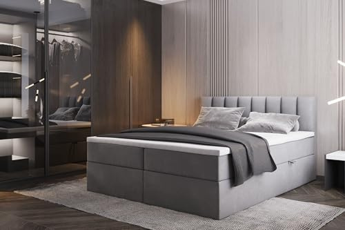 TRADA Boxspringbett mit Bonellmatratze H3 Palermo, 200x200 cm, Grau | Elegant Bett mit Matratze, Bettkasten und Topper