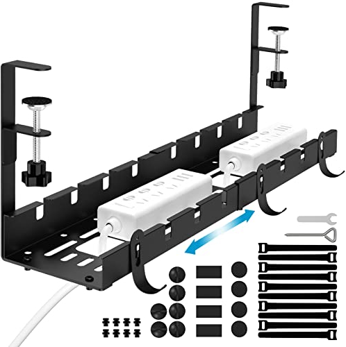 Flow fire No Drill Under Desk Cable Management Tray, 11.2inch-21.7inch Retractable Under Desk Cable Tray for Wire Management, Under Desk Wire Management for Office and Home(Black)