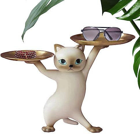 JTBDWOSK Katzen-Schmucktablett, Katzenfiguren Serviertablett, Ringhalter Für Schmuck,Snack Obst Tablett Holding Gold Serviertablett Schlüssel Tablett Für Eingangsbereich,Grau