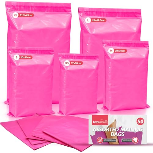 SOL 50pk Pink Assorted Mailing Bags Self Seal for Clothes Mixed Size Parcels Delivery Packaging Shipping Postal Cases for Shoes Documents Gifts and Lightweight Items Durable and Easy to Use