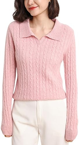 DISSA Pull Cachemire Laine Femme Col Revers Manches Longues,EU 38-46 | Superposition bureau,maille torsadée épaisse,col revers,surface structurée,poignets côtelés,moelleuse,fil respirant,ample