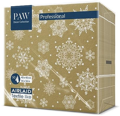 PAW Serviettes Effet Tissu 40 x 40 cm, 50 pièces - Flocons Or | Le papier Airlaid est résistant et absorbant, déco raffinée pour Noël et les fêtes, ambiance festive