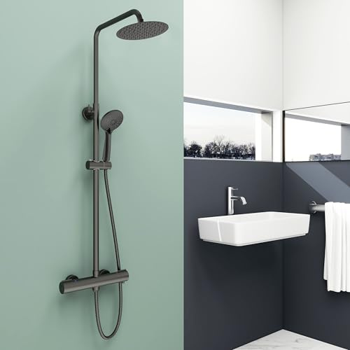 Aica Sanitarios Columna de Ducha con Termostato Negro Mate, Alcachofa de Mano 3 Tipos de Chorro y Altura Ajustable 768-1200mm, Ducha Lluvia Baño