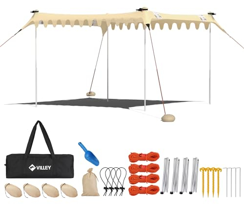 VILLEY sun tent 3m x 3.3m khaki, UPF50+ UV protection lycra beach tent for 6 people, beach parasol with sandbag and 4 support poles for picnics, fishing, sun protection