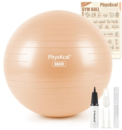 PhysKcal 55cm Beige Gym Ball - Exercise Swiss Ball for Fitness, Yoga, Pilates, Pregnancy - Anti Burst, Balance & Stability - Includes Quick Pump