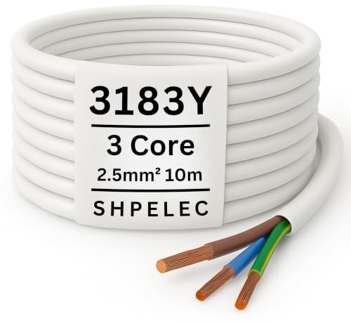 SHPELEC® FLEXIBLE White Cable 3183Y 0.75mm, 1.0mm, 1.5mm, 2.5mm BASEC Approved White PVC LED Lighting 5m 10m 15m 20m 50m (2.5mm 3 Core - 10 metres)