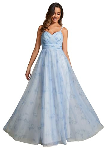 Ever-Pretty Vestido de Fiesta Largo de Noche Verano Tul Estampada Honda Sin Mangas Cuello en V Corte Imperio Vestido Dama de Honor Azul Hielo 36