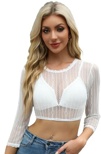 Zeagoo Dirndl Bluse Damen Weiß Spitze Dirndlbluse Langarm Trachtnbluse Elegant Rundhals Spitzenbluse Oktoberfest Dirndlblusen Weiß S