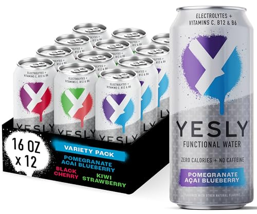 Yesly Functional Water, Variety Pack, Naturally Flavored Still Water with Electrolytes, Magnesium, Potassium, Vitamin C, B6 & B12, Zero Sugar, No Artificial Sweeteners, 16 Fl Oz Cans, 12 Pack
