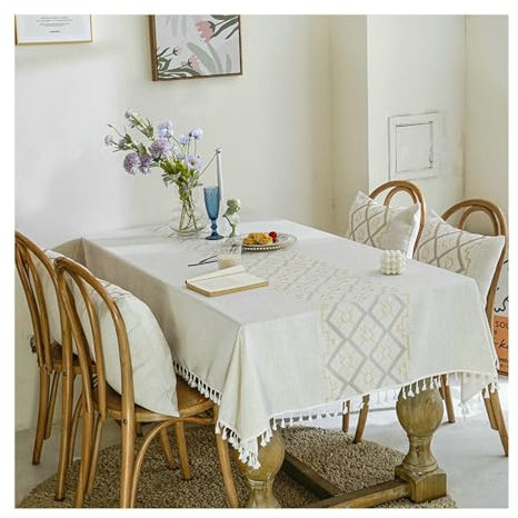 BCughia Tischdecke 110x110CM Quadratisch, Tischdecke Fleckabweisend Baumwolle Leinen Stickerei Rhombus mit Quasten Tischdecke für Esstisch, Grau Gold Weiß