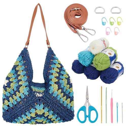 FREEBLOSS Crochet Kit for Beginners, Granny Square Crochet Starter Kit Crochet Tote Bag Crochet Bag Kit with Instructions for Beginners Granny Squares Blanket Bags