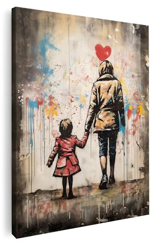 Artmazing | Banksy Eltern Bild Bunt | S-Art Bilder Modern | Leinwandbild XXL für Wohnzimmer | Wandbild Deko | Buntes Poster für Wand