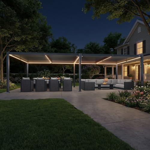 PURPLE LEAF Pergola 3,5 × 8,5 m LED mit Verstellbare Lamellendach, Grau | Integrierte Entwässerung, Vollaluminium Wartungsarm, Solar- & USB-Stromversorgung, 3 Lichtfarben, Klare Montageanleitung