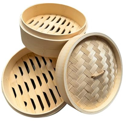 THY Collectibles 2-Tier Bamboo Steamer Basket Set – Perfect for Dim Sum, Dumplings, Buns, Seafood & Rice – Ideal for Asian Cooking (Bamboo, 8-Inch)