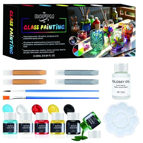 ROFPM Glass Paints for Glass Painting, Glasss Painting Kit, Stained Glass Paint, Glass Kits for Adults, Stained Paint for Crystal, Window and Wine, Bright Colors, Strong Covering