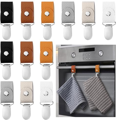 Zonon 12 Pcs Leather Towel Clips for Kitchen Hanging Tea Towel Holder with Ring for Kitchen Bathroom Oven Handle Dishwasher Cabinets Stoves Rods or Racks