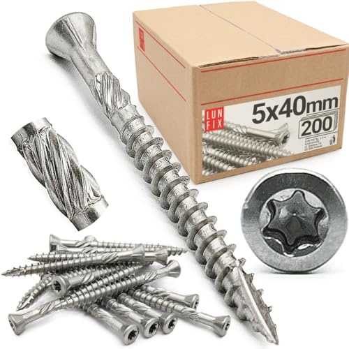 Vis terrasse 5x40mm 200 pièces, TX25, acier inoxydable C2 extérieur | tête fraisée, filetage partiel durcies, construction terrasse bois extérieur, fixation planches, Lun Fix