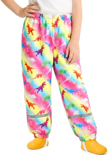 FILOWA Kids Waterproof Trousers Girls Lightweight Rain Trouser Dinosaur Pattern Mud Pants with Reflective Strip Overtrousers Breathable Rain Pant Outdoor Cycling Rainwear for Childs 3-4 Years, Pink