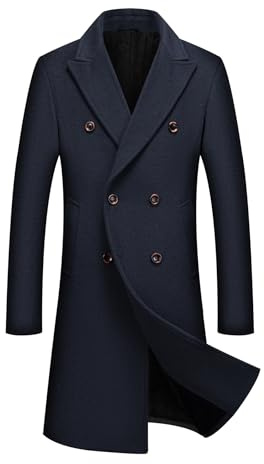 Allthemen Abrigo Hombre Largos de Lana Invierno Parka Cálido Casual Negocios Trench Coat Doble Pecho Azul marino L