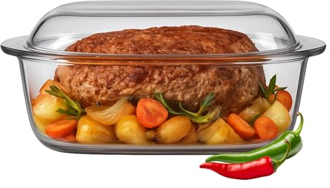 OMAGO® Plat rectangulaire de 6,5 l allant au four avec couvercle, grand plat en verre allant au four, plat à gratin pour viande et lasagnes