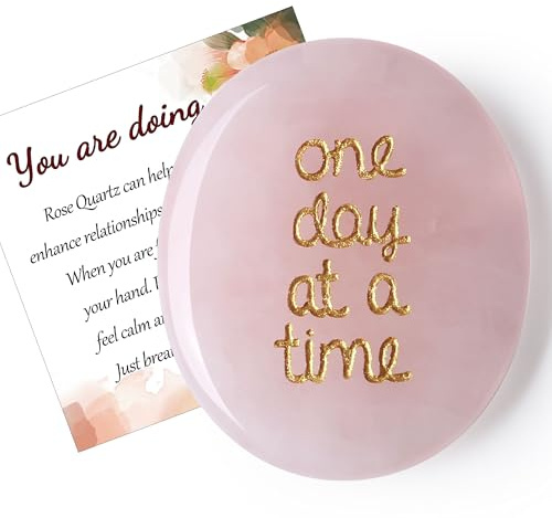 QINJIEJIE Crystal Gifts Rose Quartz Healing Crystals One Day at a Time | Anxiety Relief for Adults Worry Stones, Thinking of You Pocket Hug Pink Good Luck Mindfulness Spiritual Gifts for Women Men
