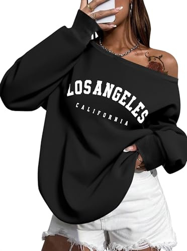 SOFIA'S Choice Damen Schulterfrei Sweatshirt Brief Grafik Oversized Langarm Shirt Pullover, Schwarz Los, X-Groß