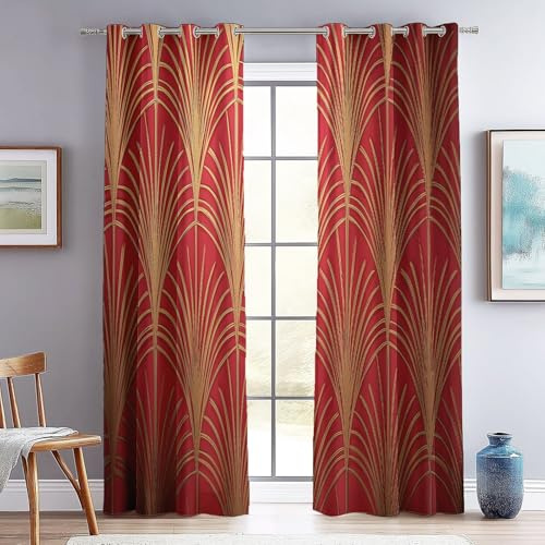 Blickdichte Gardinen Gold Rot Verdunkelungsvorhang, Ösenvorhang Gedruckt Geometrie Linien Sektoren Polyester Geräuschreduzierung Vorhang für Schlafzimmer Wohnzimmer Büro, H 200 x B 70 cm, Art Deco