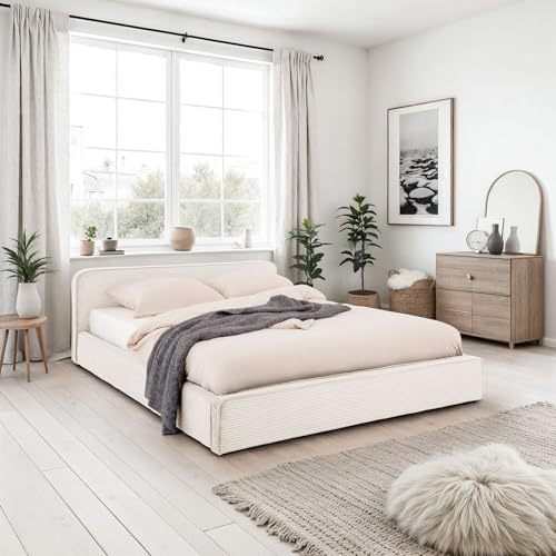 IDIMEX Polsterbett CURSIO mit Lattenrost 140x200, Cremeweiß – Bett mit Polsterung in Cordoptik, Holzrahmen mit Metallrohr, stabiles Doppelbett inklusive Lattenrost, kleine Schwarze Kunststofffüße