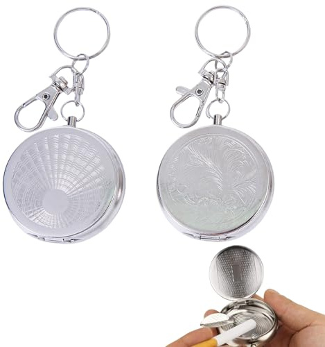 2 Pezzi posacenere Tascabile Portatile in Acciaio Inox con Chiusura a Flip, con Fiori Eleganti e Portachiavi, Ideale per viaggiatori e Fumatori, Mini Design Compatto, Facile da Pulire