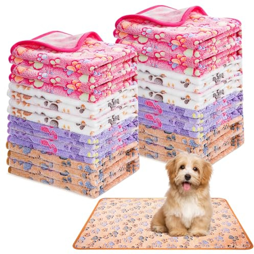 16 Stück Hundedecken für kleine Haustiere,60 x 40 cm, Flauschige Fleece-Decke mit Pfotenmuster, Weiche Flanelldecke für Hund, Katze, Meerschweinchen, Kaninchen,Hamster – Schlafdecke,Kuscheldecke