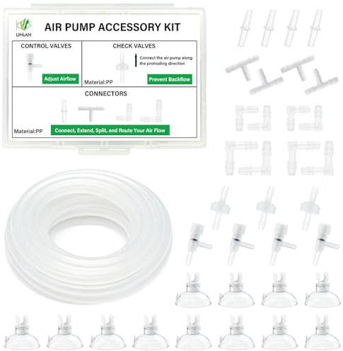 LINLAN 16 Feet 3/16''Silicone Airline Tubing with Storage Box, Aquarium Air Pump Accessory Kit, 3 Check Valves, 4 Control Valves, 16 Connectors, 12 Suction Cup, for Fish Tank