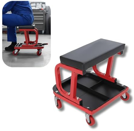 Sizi Mechanics Creeper Rolling Work Seat with Tool Tray | Heavy Duty Padded Garage – Trolley Chair, 360° Swivel Wheels, Low Profile Workshop Seat
