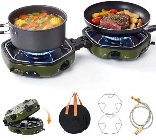 Warmiehomy Double Portable Camping Stove, Camping Stove Gas Portable with 17000 BTU, Piezo Ignition & Adjustable Burners, Foldable Camp Stoves for BBQ, Outdoor Cooking, Green