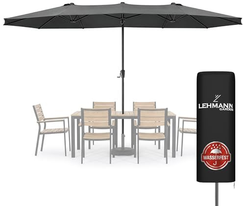 LEHMANN Sonnenschirm Groß XXL, Doppelsonnenschirm mit UV Schutz 80+ & Wasserdicht, Gartenschirm mit Kurbel, Sonnenschutz für Garten, Terrasse, Balkon, inkl. Schutzhülle, Anthrazit
