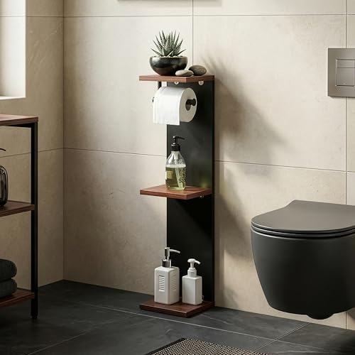 [en.casa] Toilettenpapierhalter stehend Trond Klopapierhalter mit 3 Ablagen Toilettenpapier Aufbewahrung Klorollenhalter Toilettenpapierständer 76 x 18 x 18 cm Badezimmerregal Schwarz/Walnussoptik