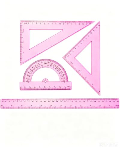 KACZUS Escuadra y Cartabón con Transportador de Ángulos, Juego de Reglas de 4 Piezas, 30 cm Rosa Transparente, Bordes Redondeados para Proteger Cuadernos y Optimizar Tareas de Geometría