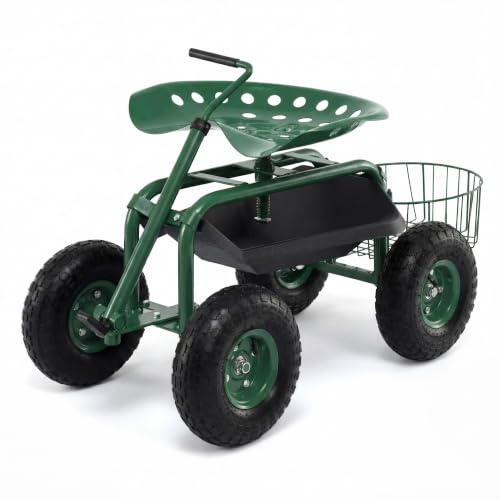 GYMAX Sedia da Giardino con Ruote, Sgabello da Giardinaggio Girevole con Altezza Regolabile, Maniglia Estensibile, Vassoio Porta Attrezzi e Cestino per Prato e Giardino, Capacità 150 kg