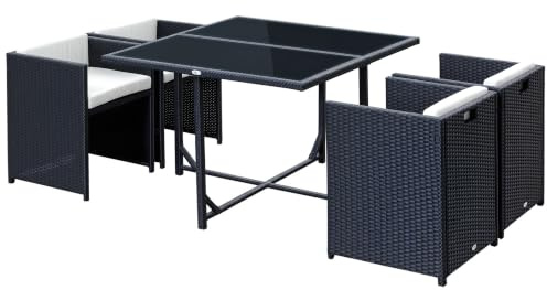 Outsunny 5-TLG. Gartenmöbelset Esstisch mit 4 Stühlen mit Kombi-Rechteck-Kissen, Schwarz, 109x109x72 cm