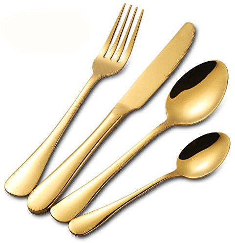 Buyer Star Flatware Cutlery Set for 4, 16-Piece Stainless Steel Dinnerware Set, Modern Design Gold Silverware Set with Mirror Finish, Dishwasher Safe Utensils for Home Kitchen
